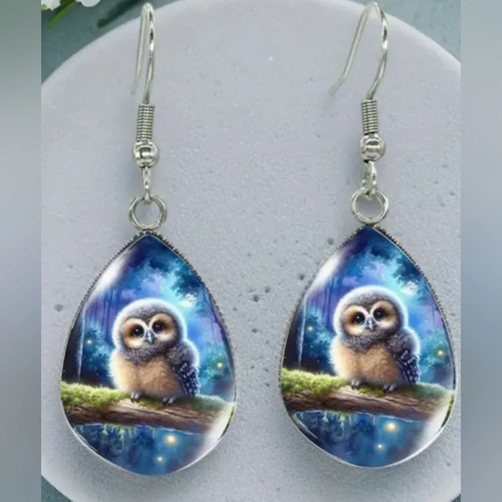 New Gift Western Animal Print Blue Owl Teardrop‎ Crystal Glass Dangle Earrings